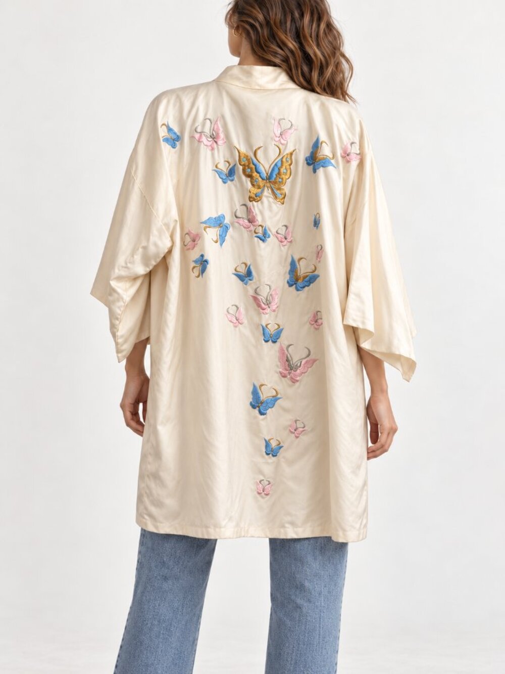 Vintage Japanese Silk Kimono with Embroidered Butterfly’s